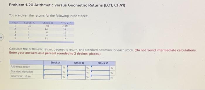  Problem 1-20 Arithmetic versus Geometric Returns (L01, CFA1) You are given