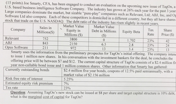  Dont answer (15 points) Joe Smarty, CFA, has been engaged to