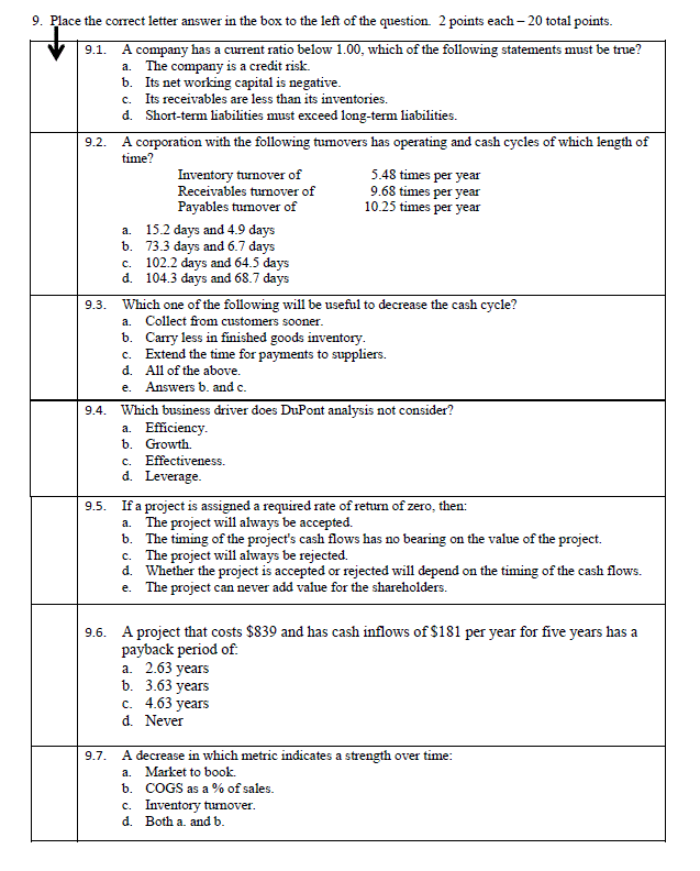  9.1. c. 9. Place the correct letter answer in the box