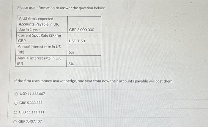 US firm wants to set up a money market hedge for their