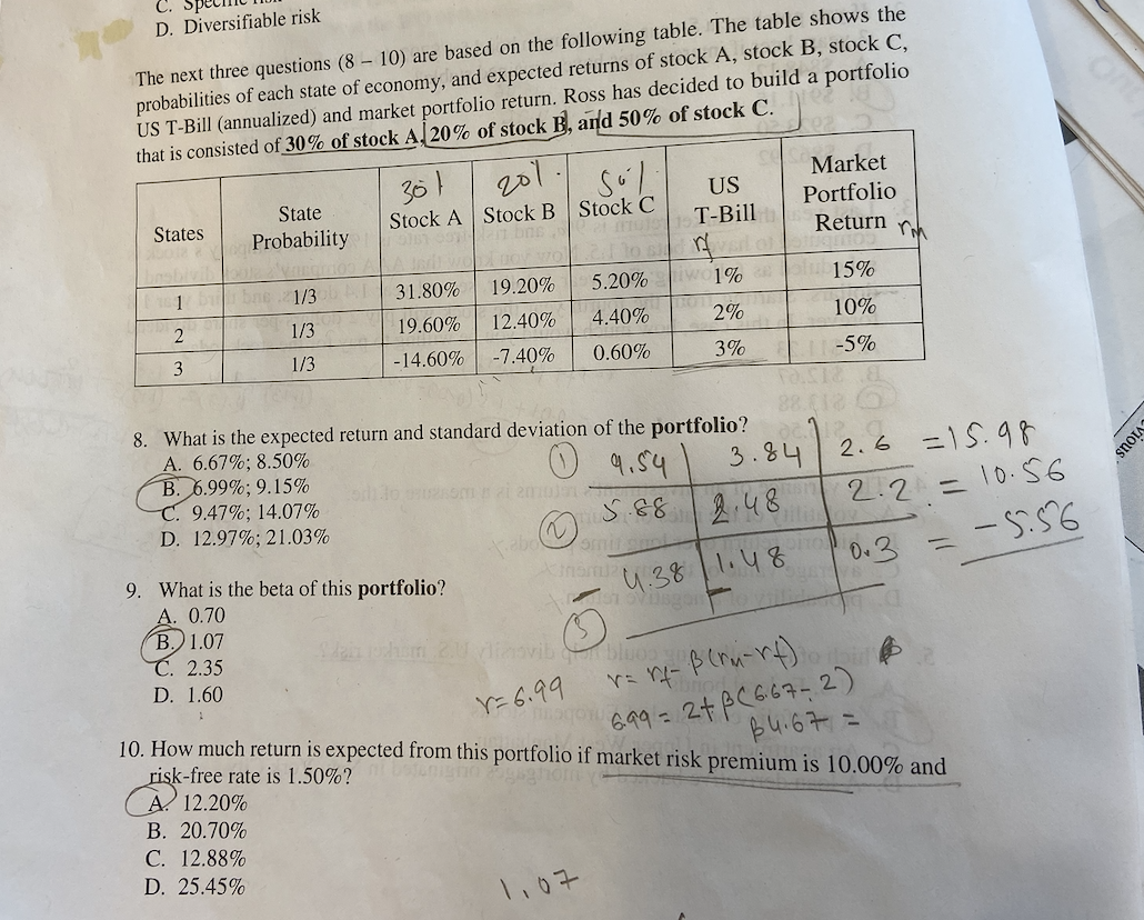 D. Diversifiable risk The next three questions (8 - 10) are