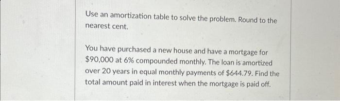  Use an amortization table to solve the problem. Round to the