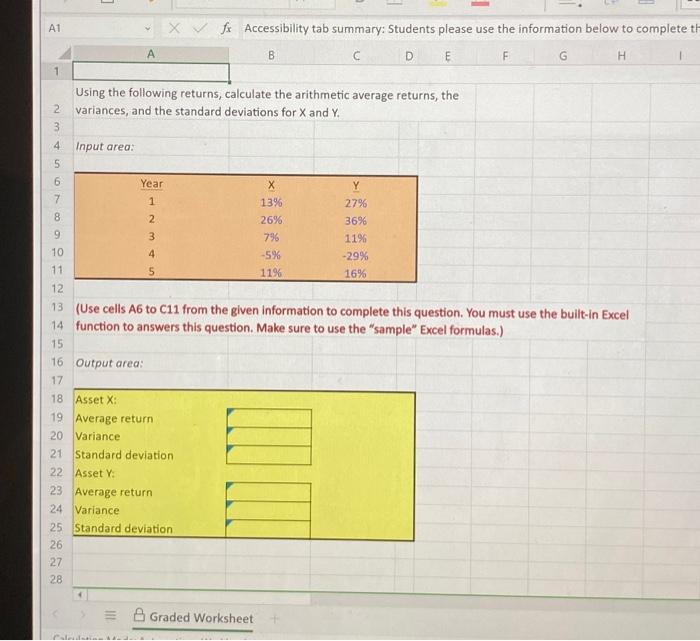 answer in excel reference formulas please Using the following returns, calculate the