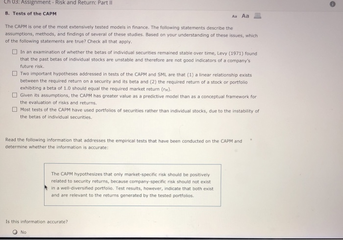  Ch 03: Assignment - Risk and Return: Part II 8. Tests
