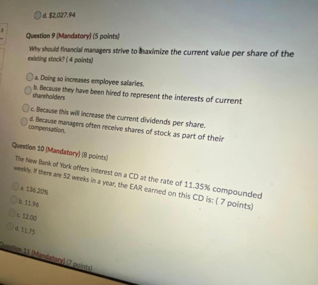 Question 9 & 10 d. $2,027.94 3 Question 9 (Mandatory) (5