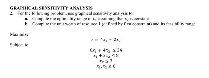  GRAPHICAL SENSITIVITY ANALYSIS 2. For the following problem, use graphical sensitivity