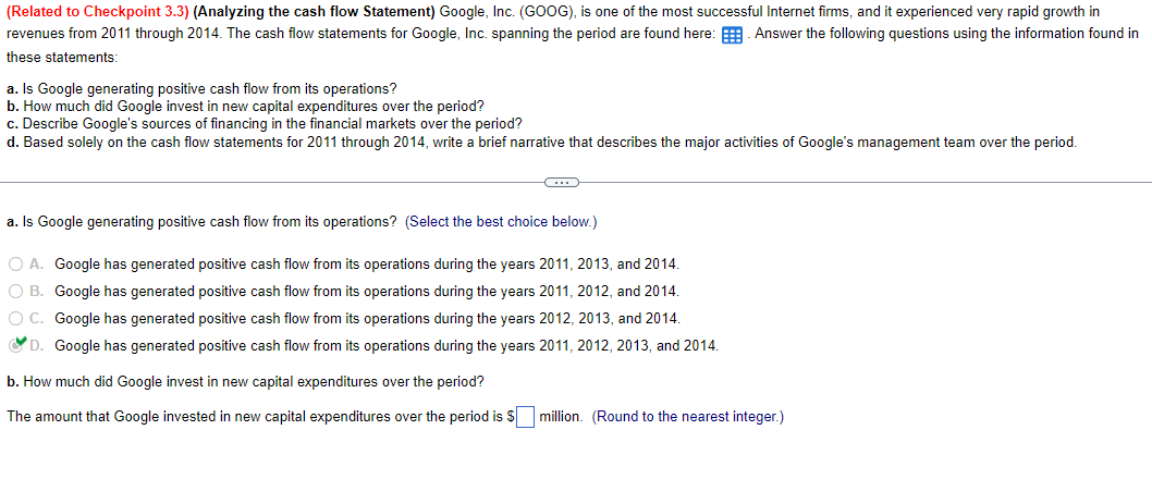 (Related to Checkpoint 3.3) (Analyzing the cash flow Statement) Google, Inc.