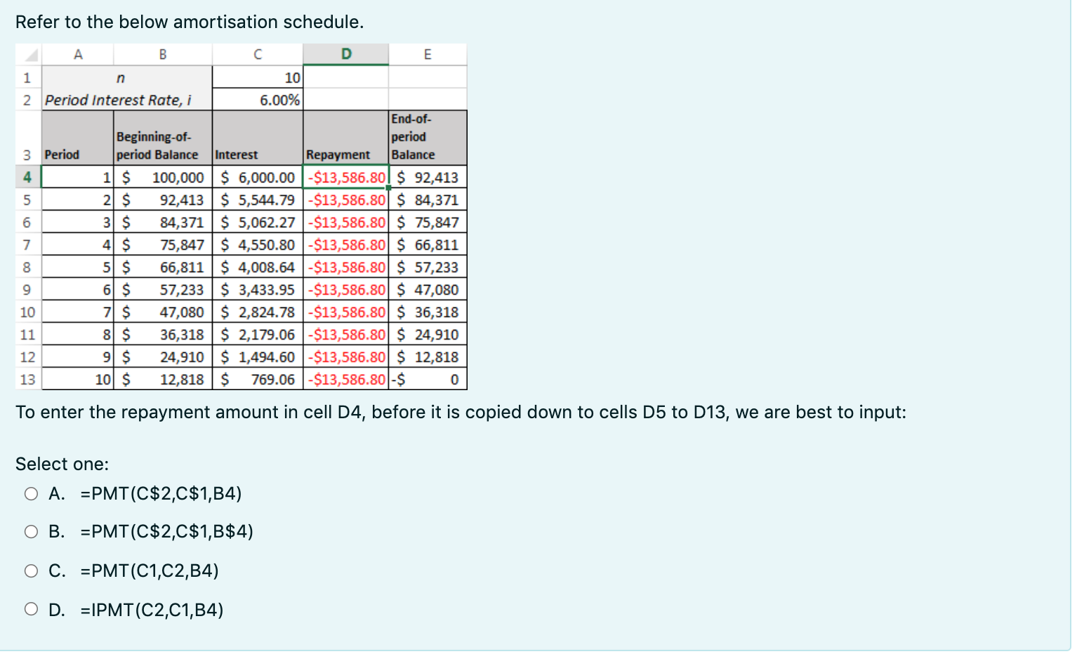 Refer to the below amortisation schedule. A B D E 1