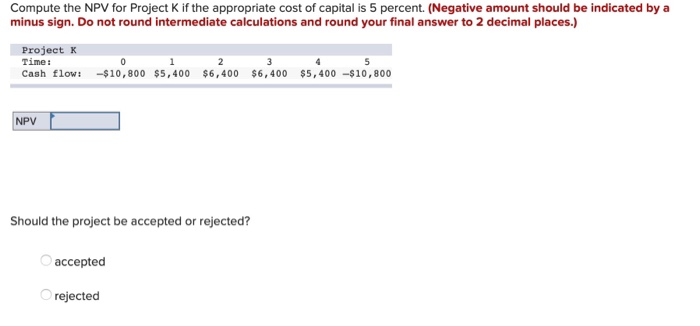  Compute the NPV for Project K if the appropriate cost of