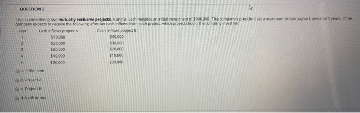  QUESTION 2 Shell is considering two mutually exclusive projects. A and