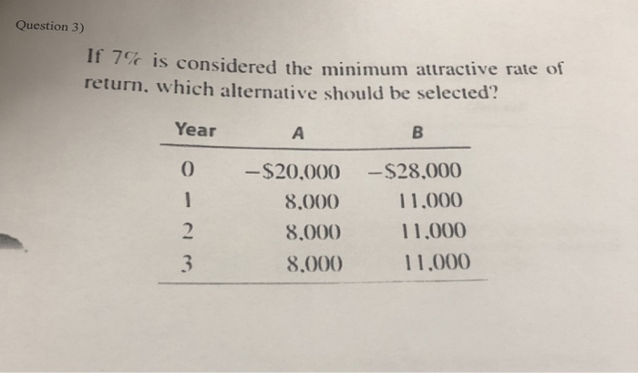  Question 3) If 7% c return. which alternative should be selected