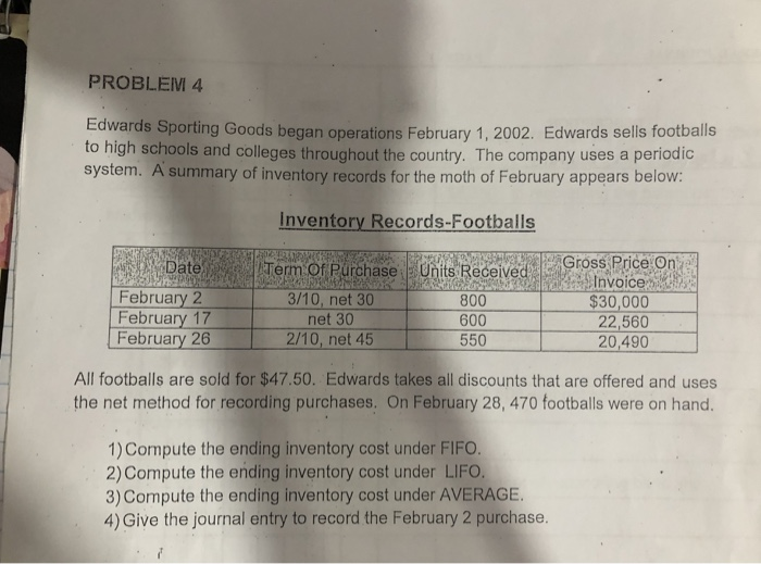  PROBLEM 4 Edwards Sporting Goods began operations February 1, 2002. Edwards
