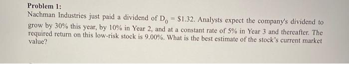 please explain with formulas on excel(: Problem 1: Nachman Industries just paid