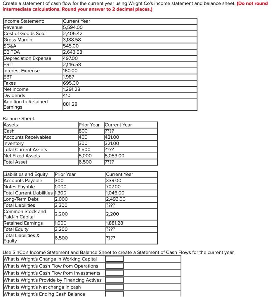 Create a statement of cash flow for the current year using