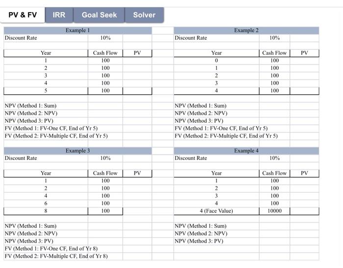 please show all excel functions and formulas PV & FV IRR Goal
