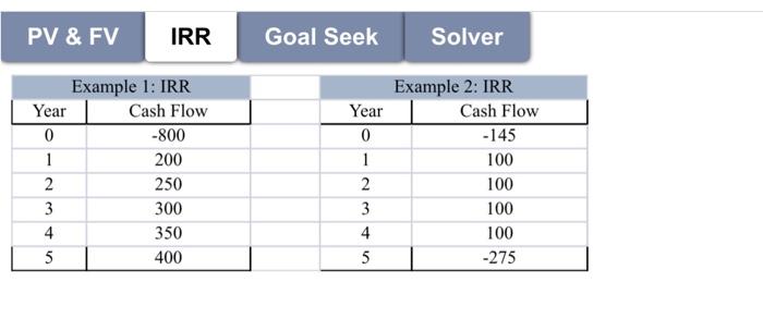 Seek Solver Example 1 Example 2 Discount Rate 10% Discount Rate 10%