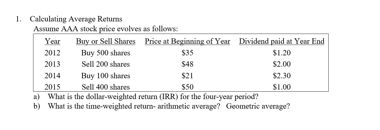  1. Calculating Average Returns Assume AAA stock price evolves as follows: