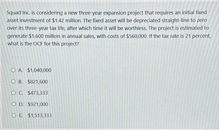  Squad Inc. is considering a new three-year expansion project that requires