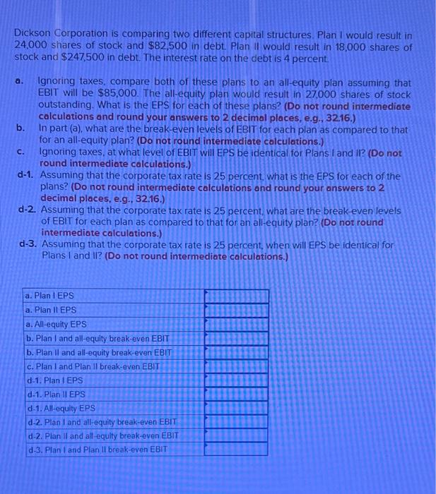 Dickson Corporation is comparing two different capital structures, Plan I would