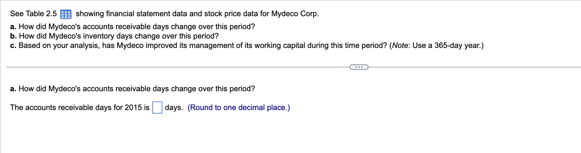 Answer a,b,c, please. See Table 2.5 showing financial statement data and stock