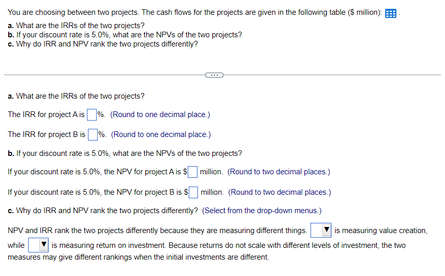  You are choosing between two projects. The cash flows for the