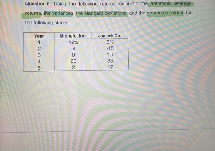  Question.5. Using the following returns, calculate the arithmetic average returns, the
