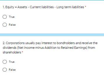  1. Equity = Assets - Current liabilities - Long term liabilities