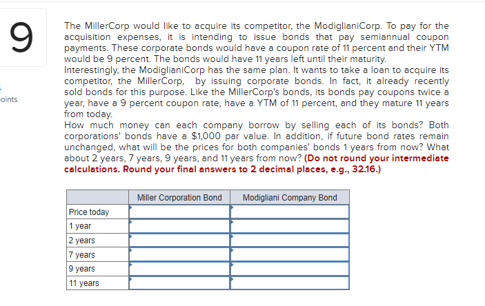 9 oints The MillerCorp would like to acquire its competitor, the