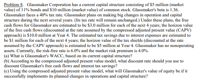 Problem 8. Glassmaker Corporation has a current capital structure consisting of