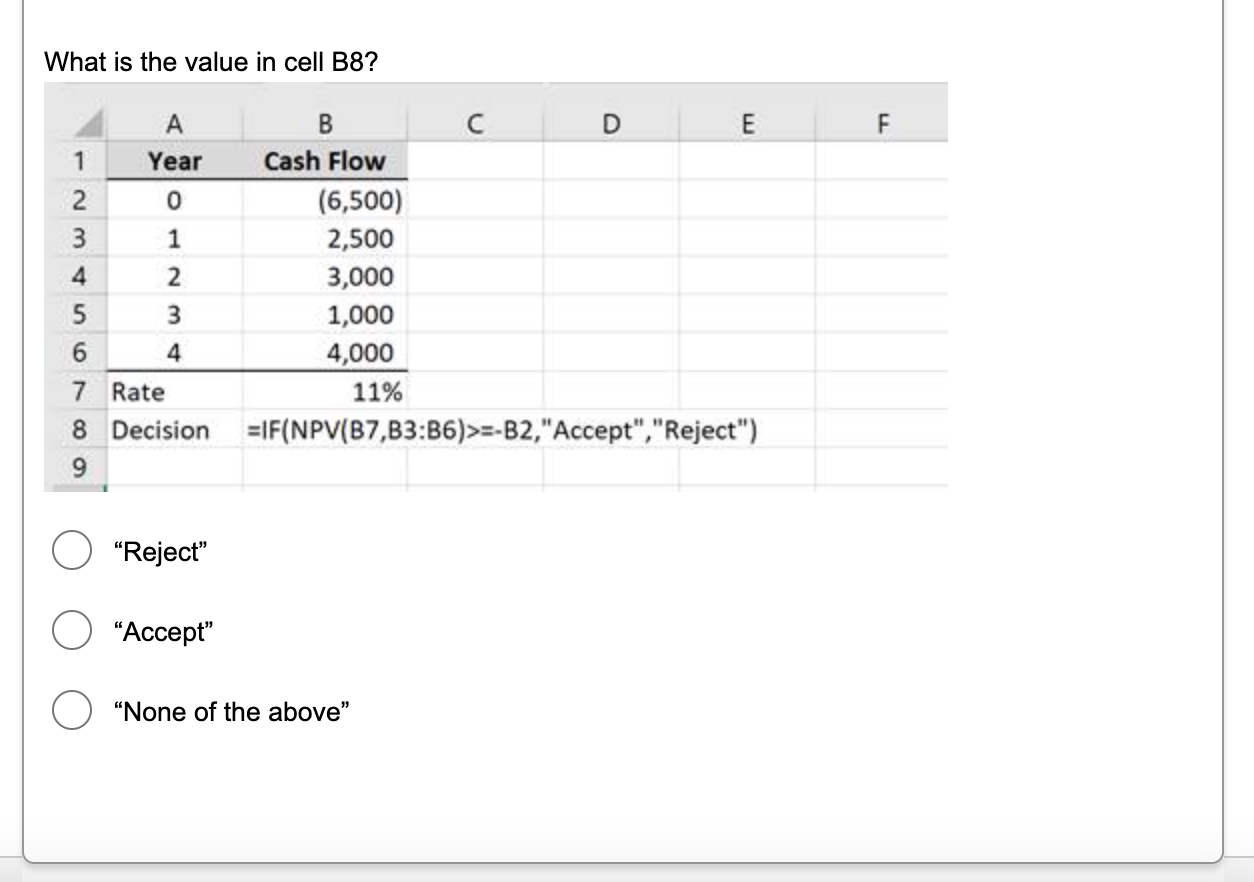  What is the value in cell B8? "Reject" "Accept" "None of