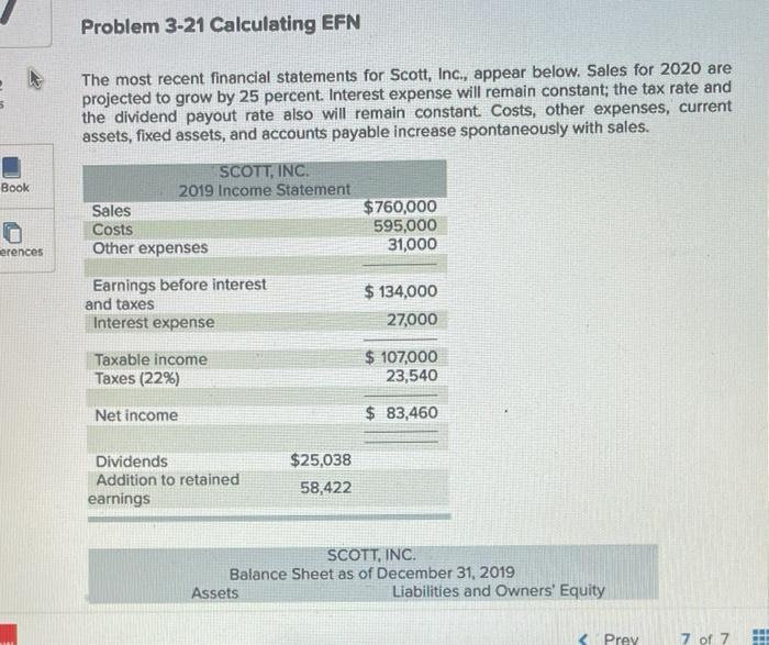  Problem 3-21 Calculating EFN The most recent financial statements for Scott,