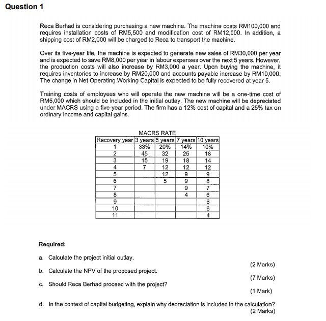  Question 1 Reca Berhad is considering purchasing a new machine. The