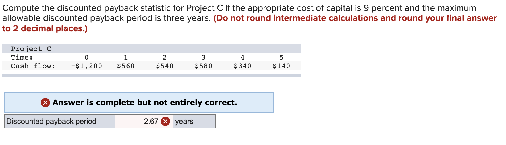 Compute the discounted payback statistic for Project C if the appropriate