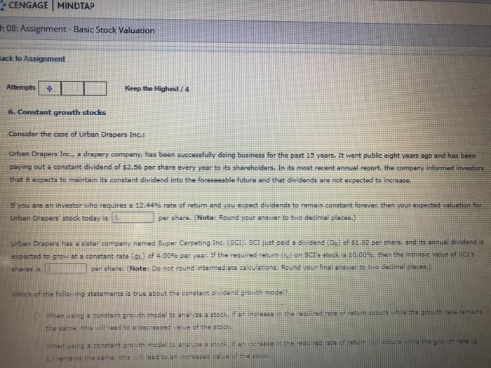  CENGAGE MINDTAP h 08: Assignment - Basic Stock Valuation Fack to