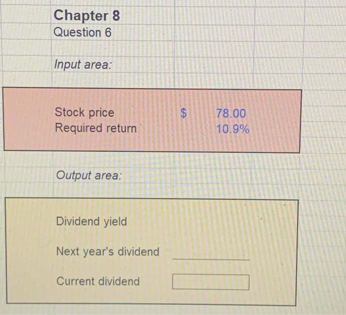  Chapter 8 Question 6 Input area: Stock price Required return $78.00