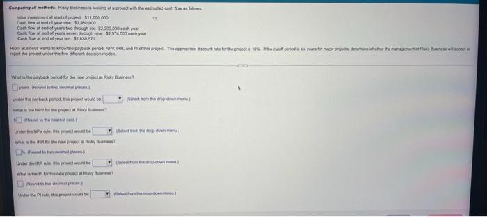  Comparing all methods Risky Business is looking at a project with