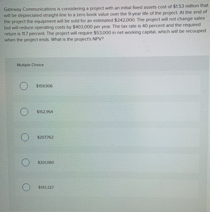  Gateway Communications is considering a project with an initial fixed assets