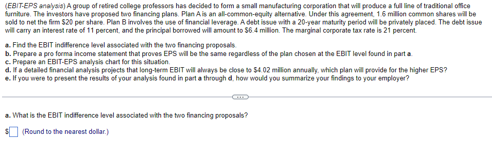 a. Find the EBIT indifference level associated with the two financing