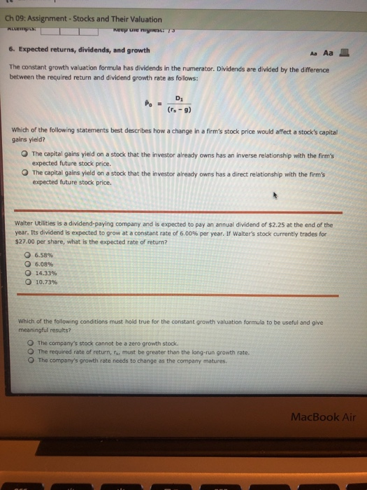  Ch 09: Assignment-Stocks and Their Valuation 6. Expected returns, dividends, and