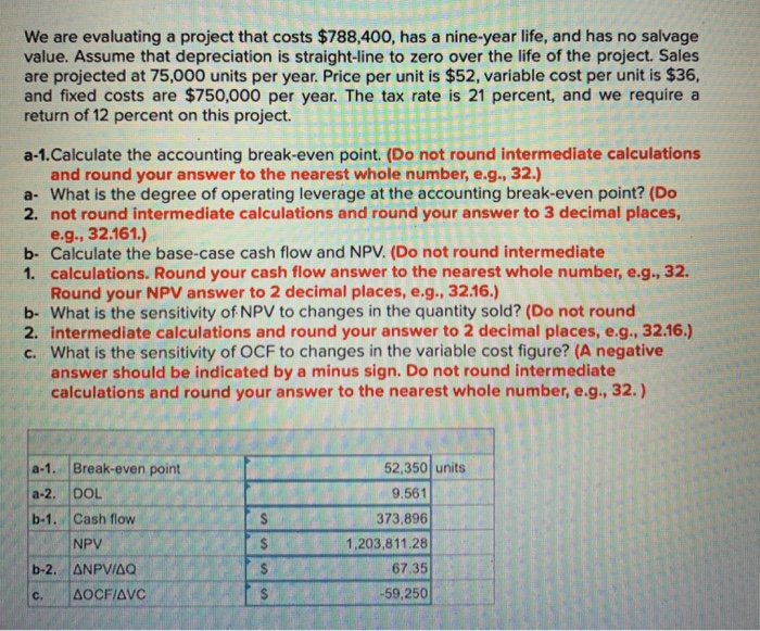  We are evaluating a project that costs $788,400, has a nine-year