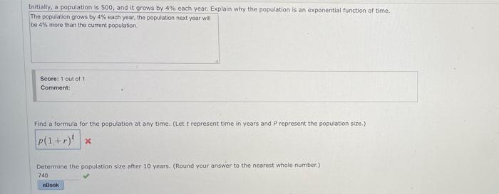  Initially, a population is 500, and it grows by 4% each