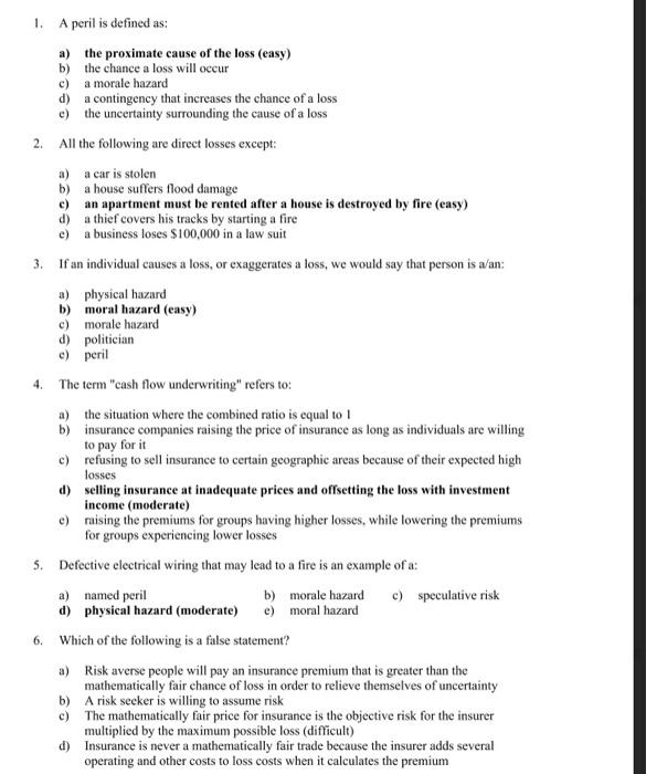  2. 4. 1. A peril is defined as: a) the proximate