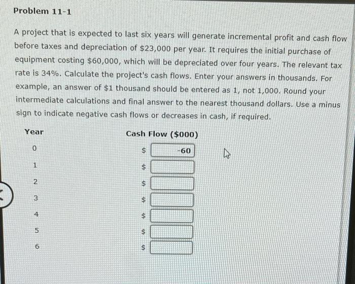 Problem 11-1 A project that is expected to last six years