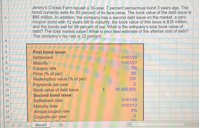  only excel formulas please. values are on D line Jiminy's Cricket