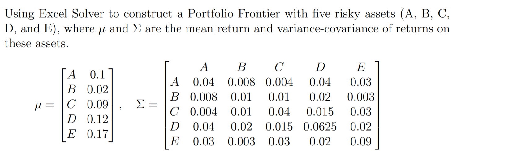  Using Excel Solver to construct a Portfolio Frontier with five risky