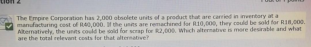 Please include workings The Empire Corporation has 2,000 obsolete units of