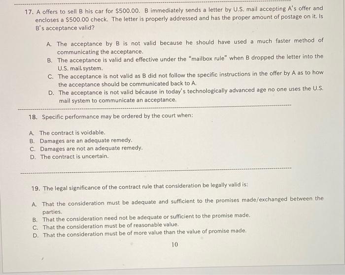 answer asap please answer all 17. A offers to sell B his