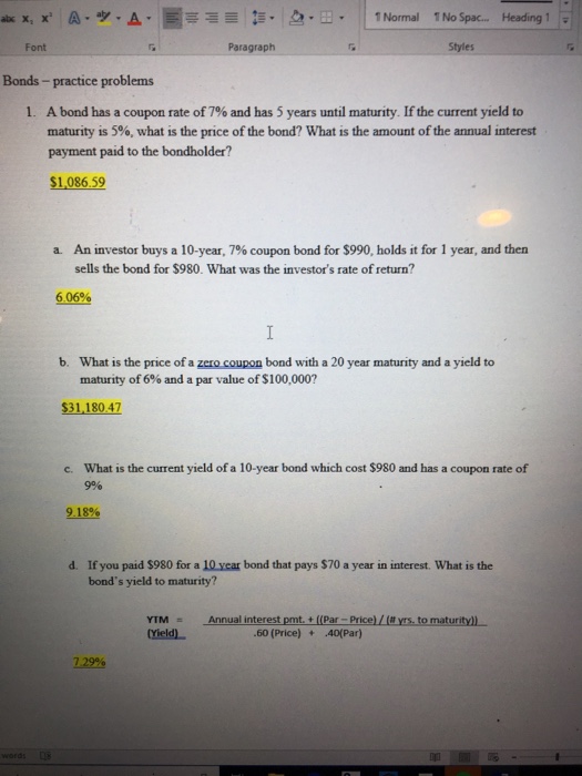  Font Paragraph Styles Bonds- practice problems A bond has a coupon