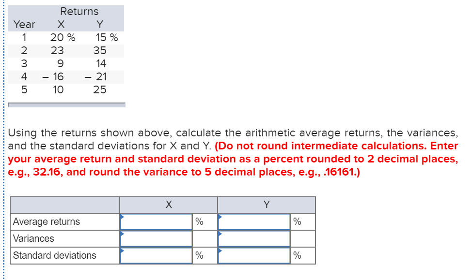  Returns Year X Y 1 20 % 15 % 23 2