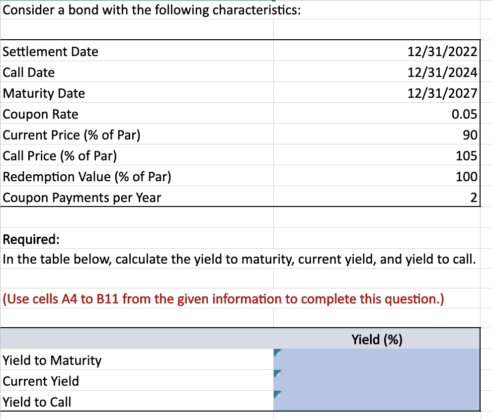  Need Excel Formulas for blue cells Consider a bond with the